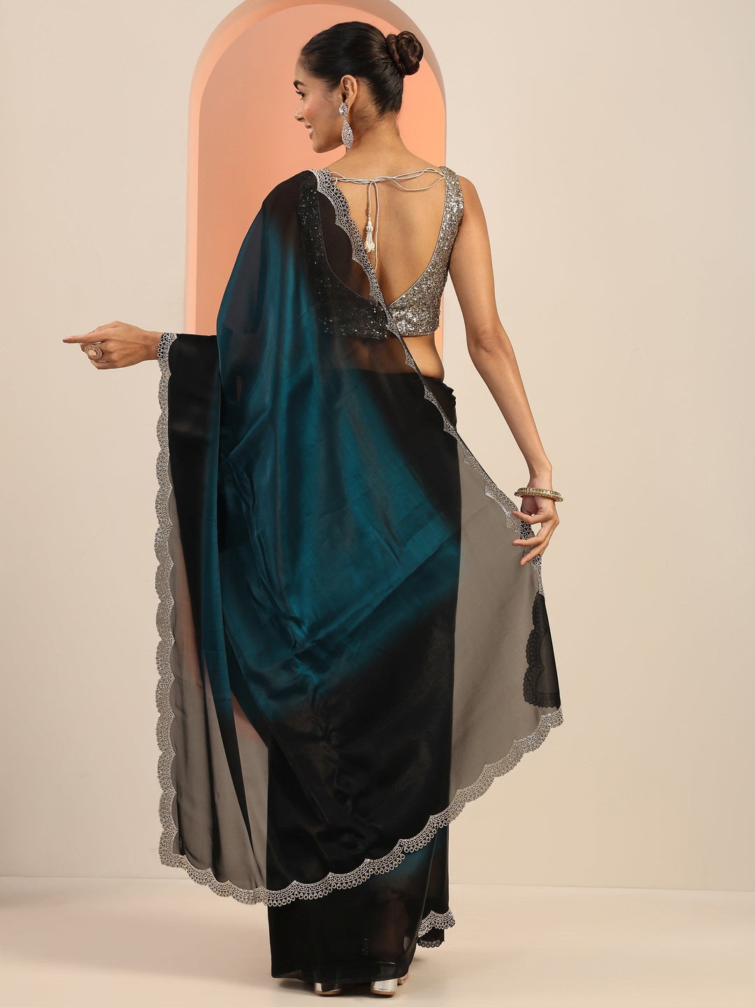 Teal Solid Satin Saree With Unstitched Blouse Piece