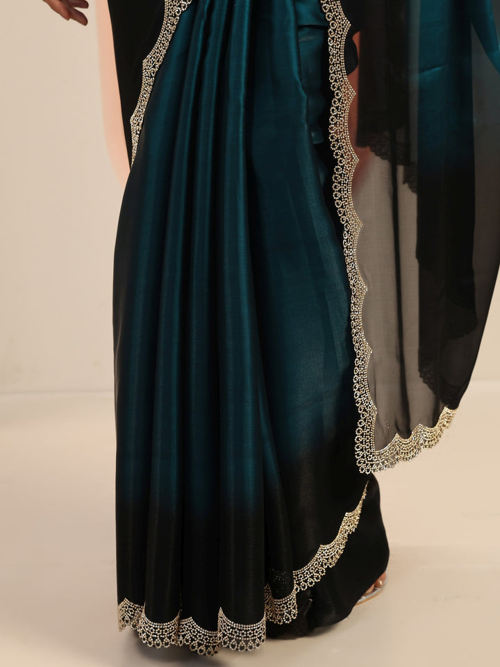 Teal Solid Satin Saree With Unstitched Blouse Piece