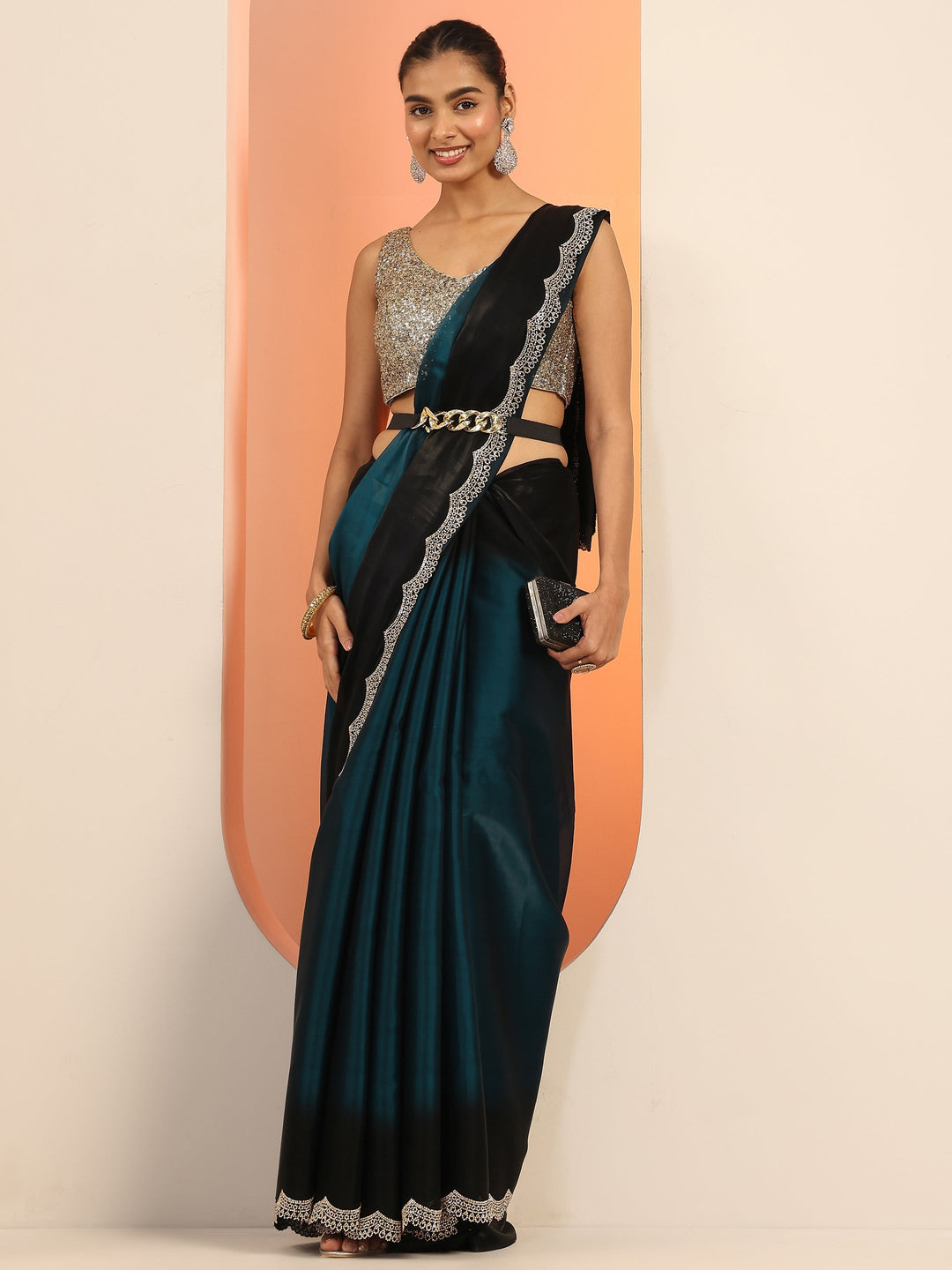 Teal Solid Satin Saree With Unstitched Blouse Piece