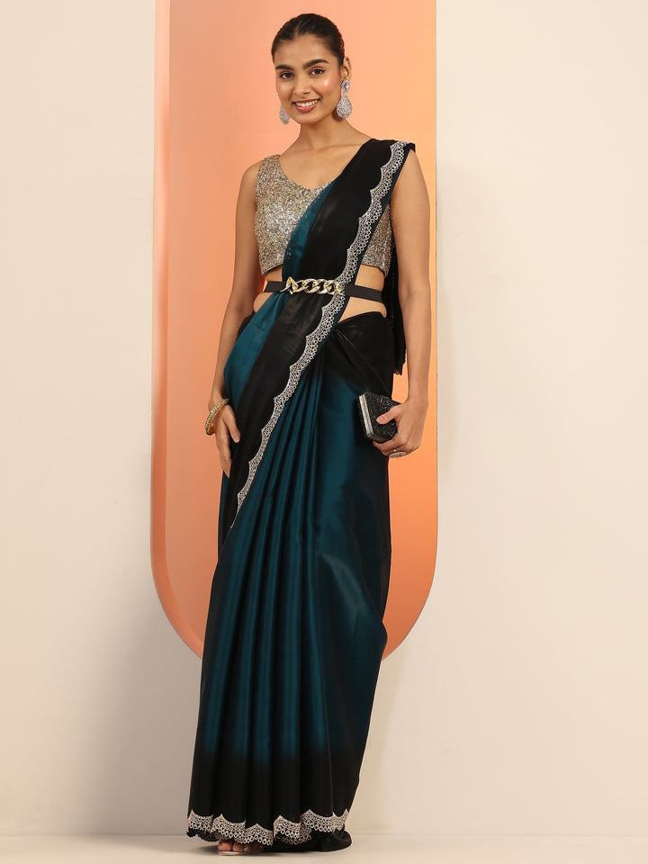 Teal Solid Satin Saree With Unstitched Blouse Piece