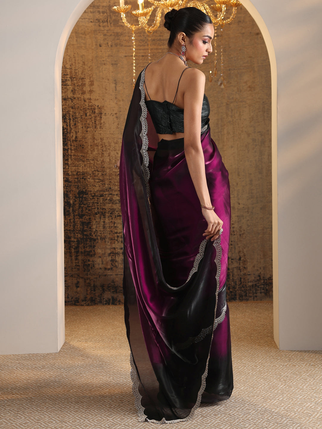 Burgundy Solid Satin Saree With Unstitched Blouse Piece