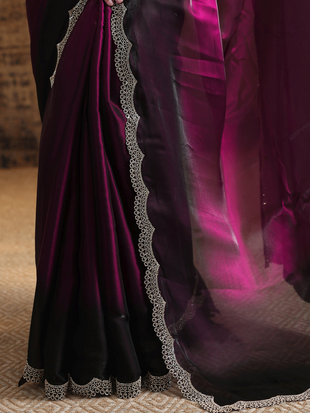 Burgundy Solid Satin Saree With Unstitched Blouse Piece