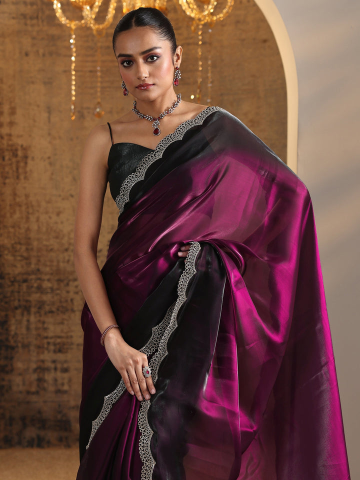Burgundy Solid Satin Saree With Unstitched Blouse Piece
