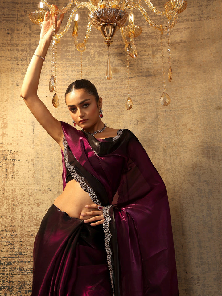 Burgundy Solid Satin Saree With Unstitched Blouse Piece