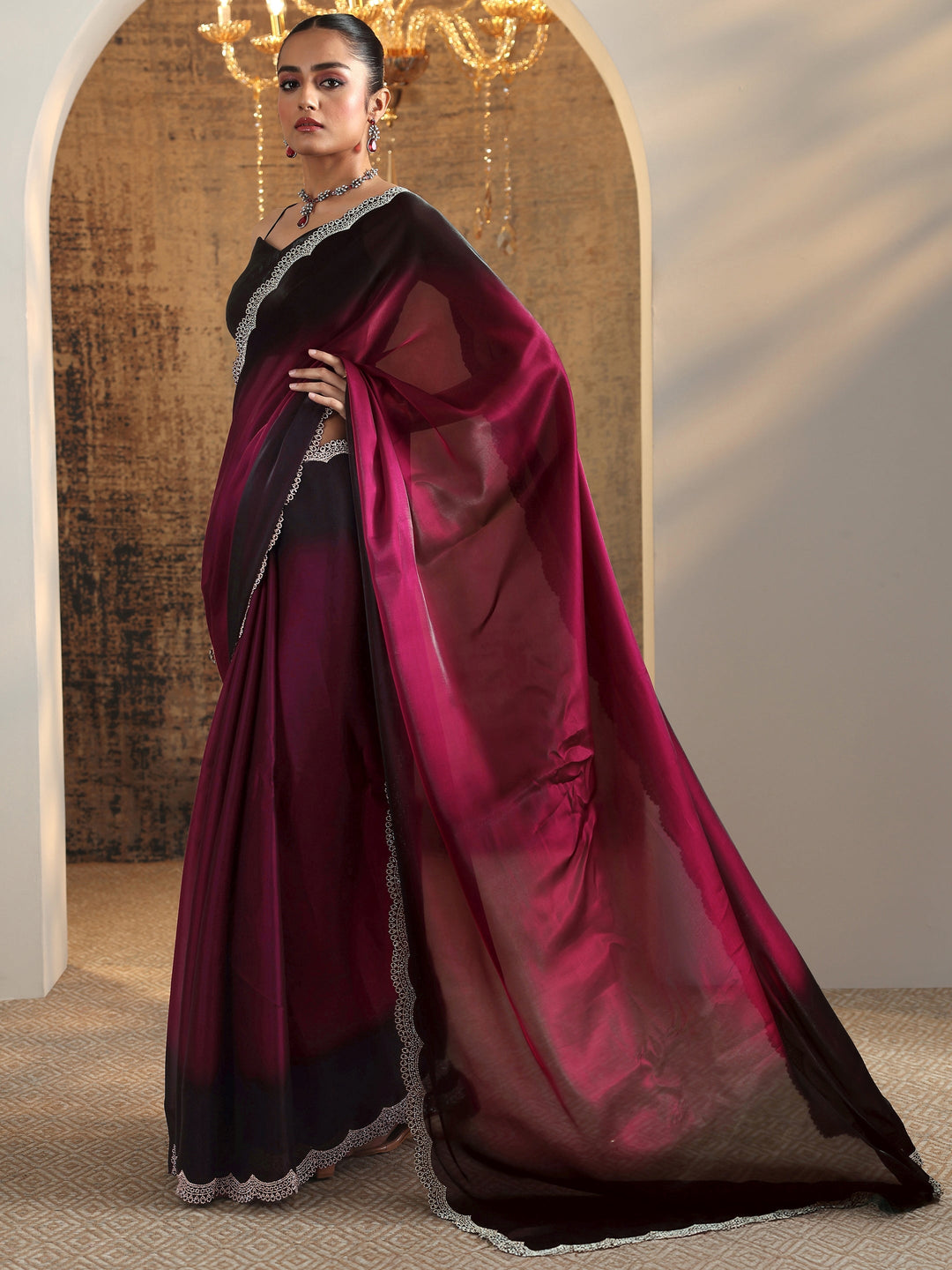 Red Solid Jimmy Choo Satin Saree With Unstitched Blouse Piece