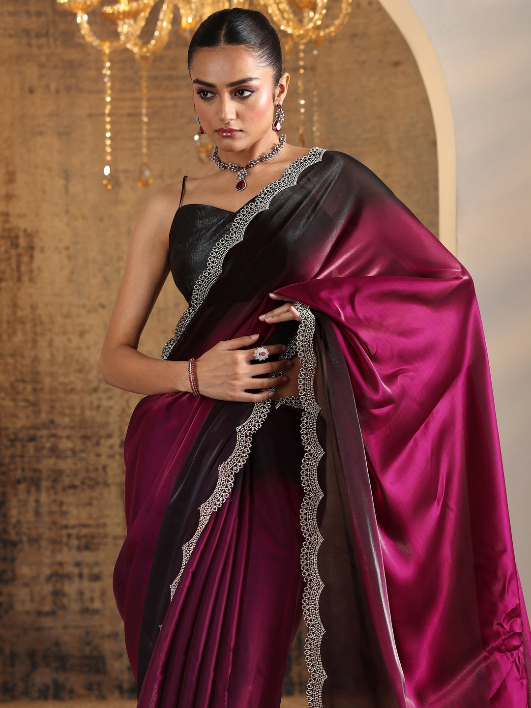 Red Solid Jimmy Choo Satin Saree With Unstitched Blouse Piece