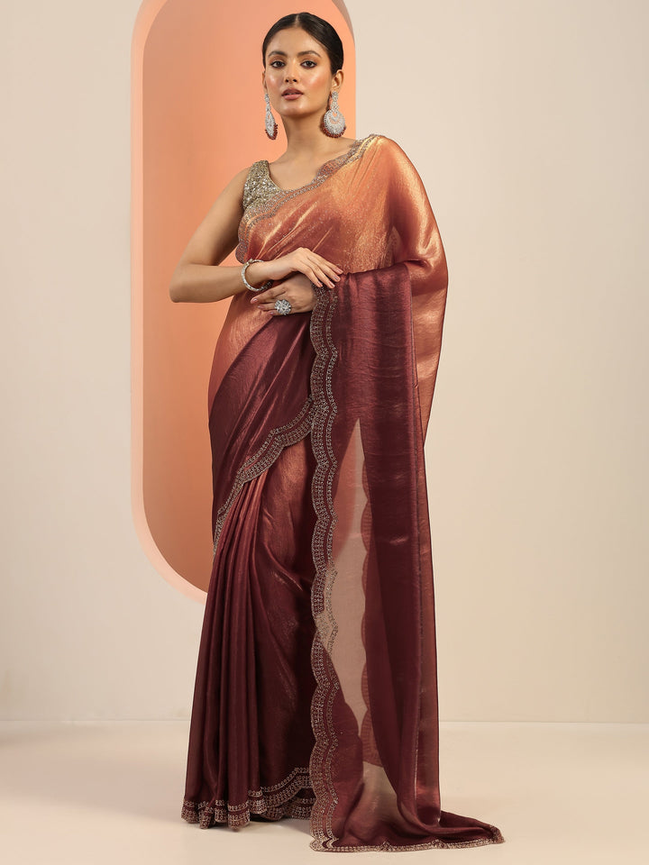 Rust Solid Satin Saree With Unstitched Blouse Piece
