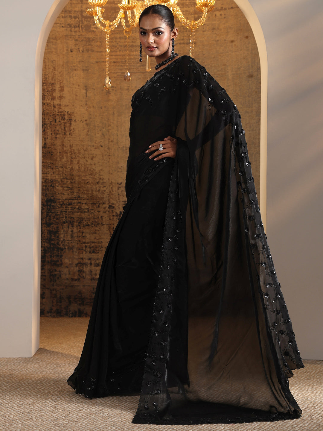 Black Solid Satin Saree With Unstitched Blouse Piece