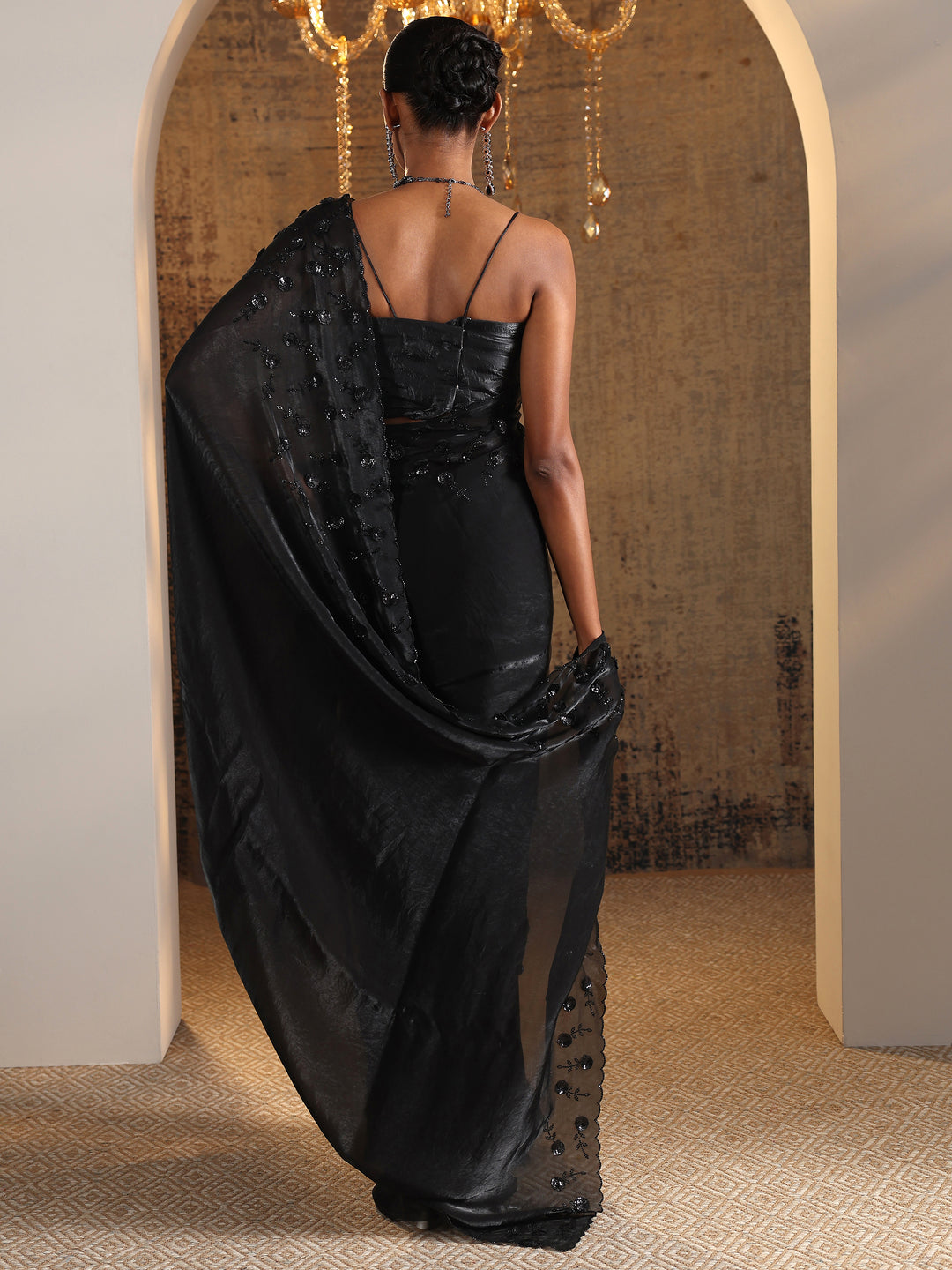 Black Solid Satin Saree With Unstitched Blouse Piece
