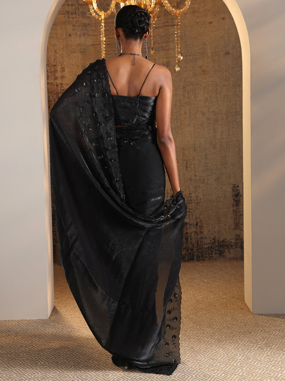 Black Solid Satin Saree With Unstitched Blouse Piece