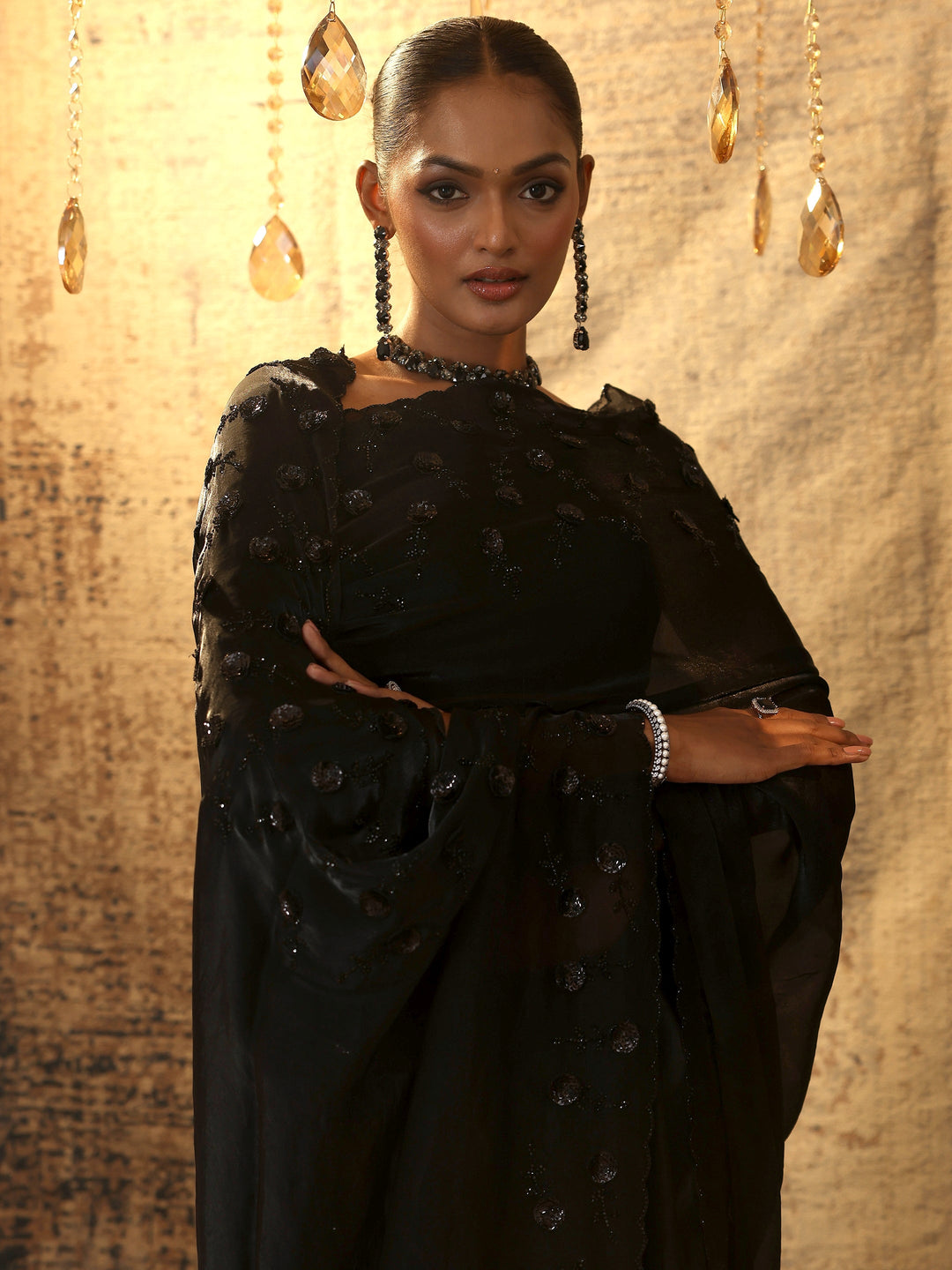Black Solid Satin Saree With Unstitched Blouse Piece