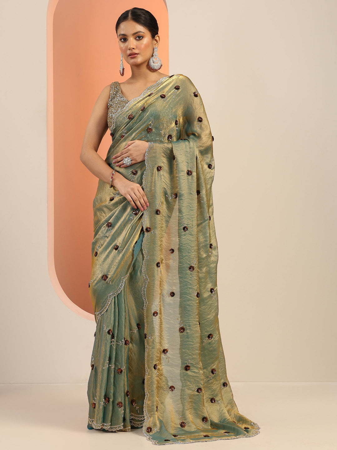 Blue Embellishments Satin Saree With Unstitched Blouse Piece