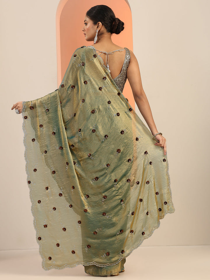 Blue Embellishments Satin Saree With Unstitched Blouse Piece