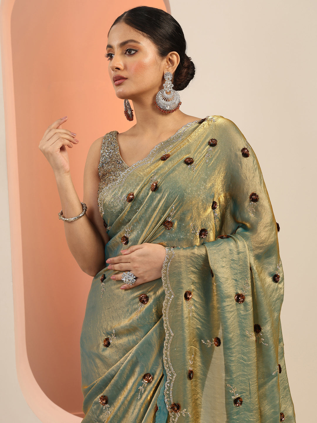 Blue Embellishments Satin Saree With Unstitched Blouse Piece
