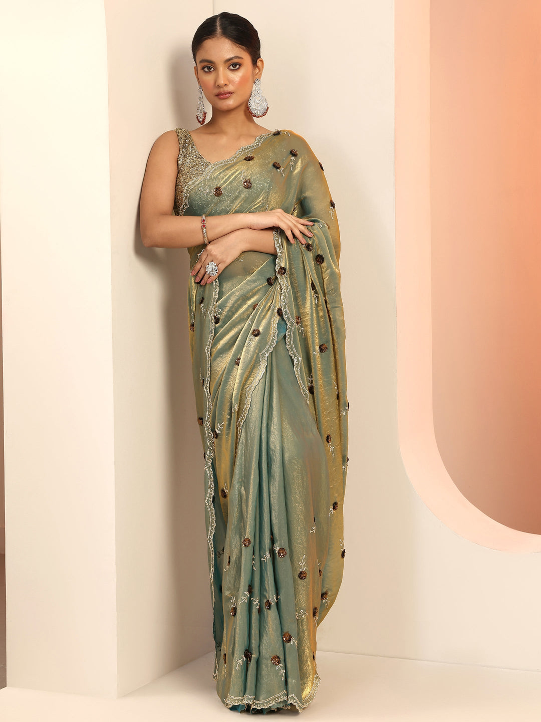 Blue Embellishments Satin Saree With Unstitched Blouse Piece