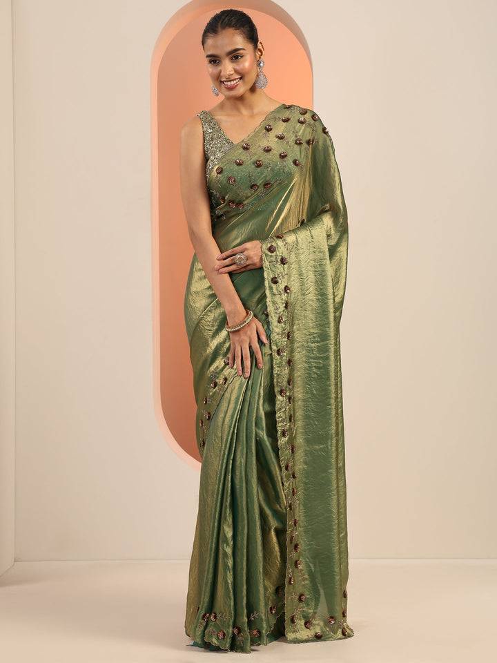 Green Solid Satin Saree With Unstitched Blouse Piece