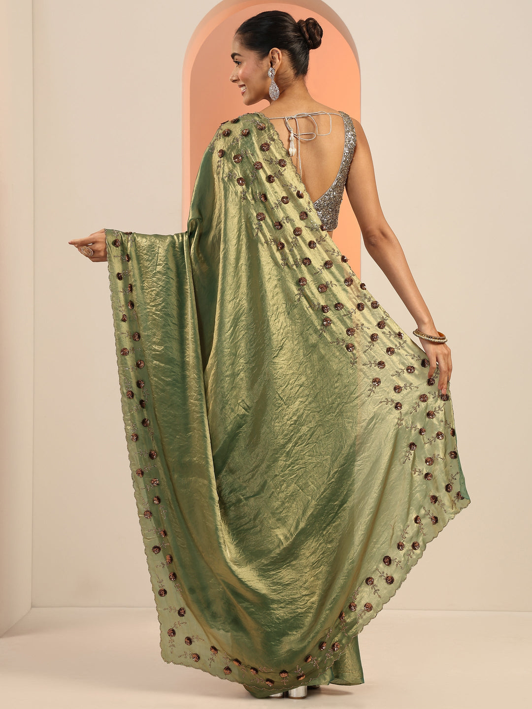 Green Solid Satin Saree With Unstitched Blouse Piece