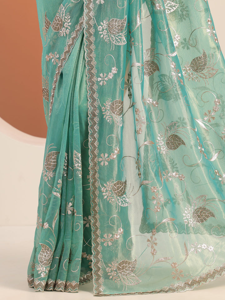 Blue Embroidered Nylon Saree With Unstitched Blouse Piece