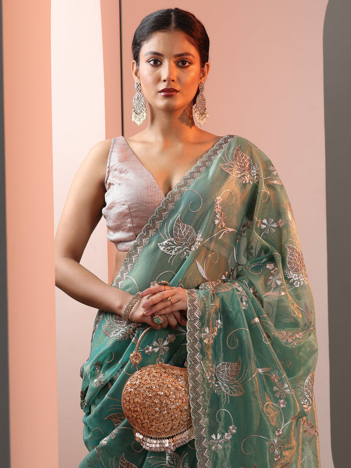 Blue Embroidered Nylon Saree With Unstitched Blouse Piece