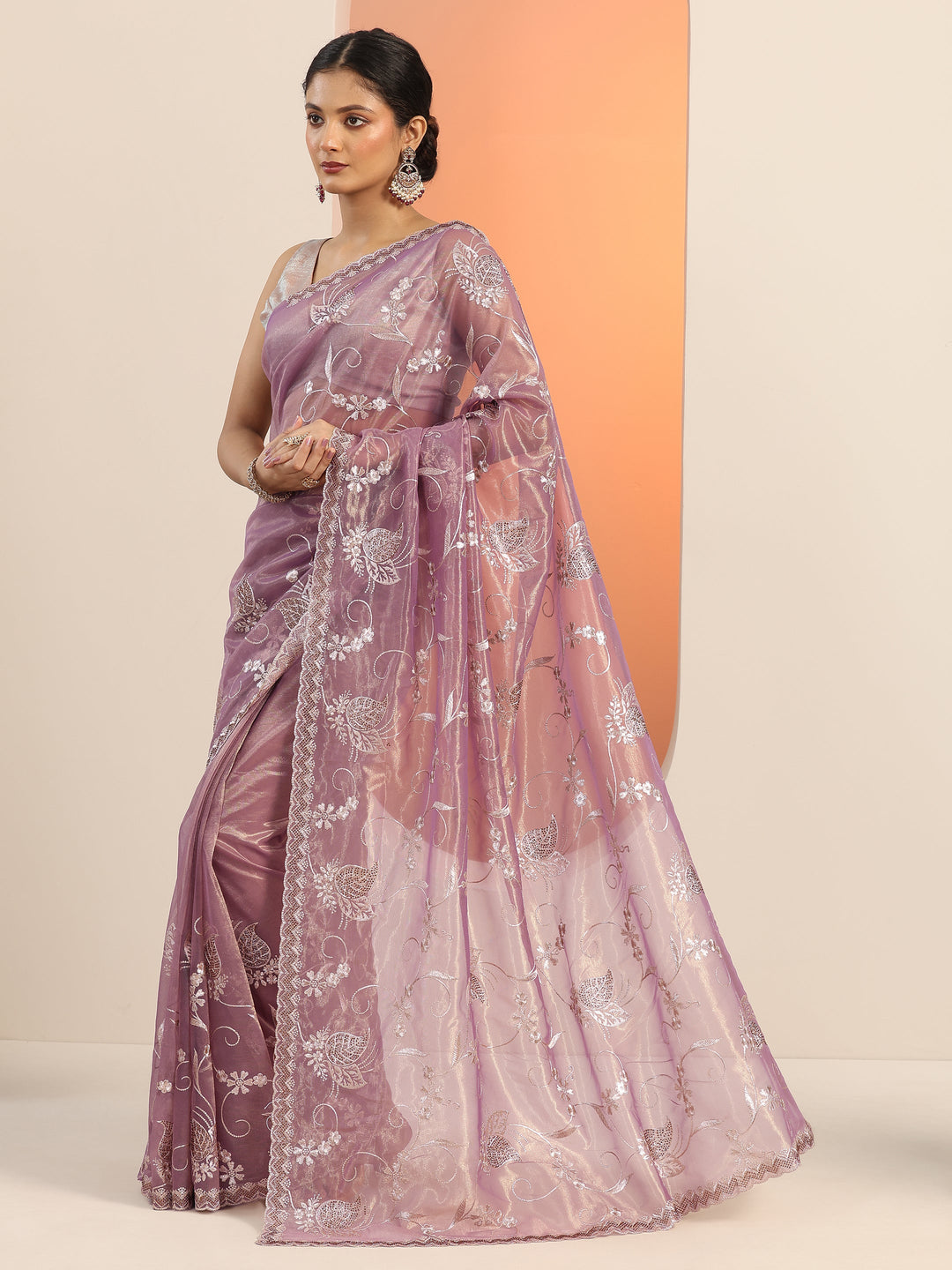 Mauve Embroidered Nylon Saree With Unstitched Blouse Piece