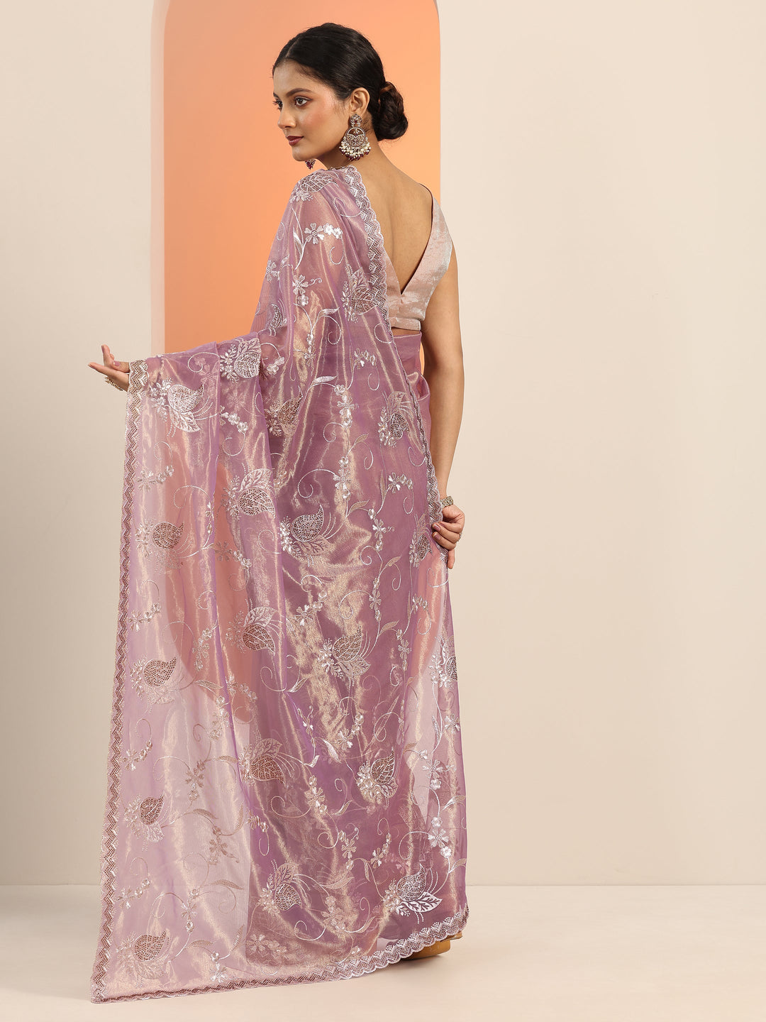 Mauve Embroidered Nylon Saree With Unstitched Blouse Piece