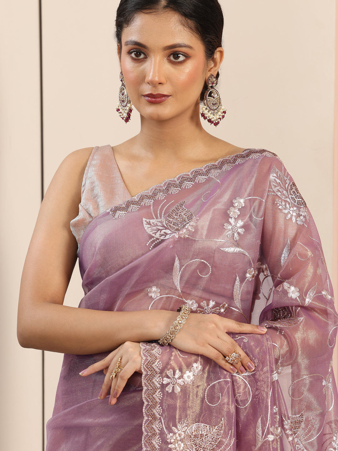 Mauve Embroidered Nylon Saree With Unstitched Blouse Piece