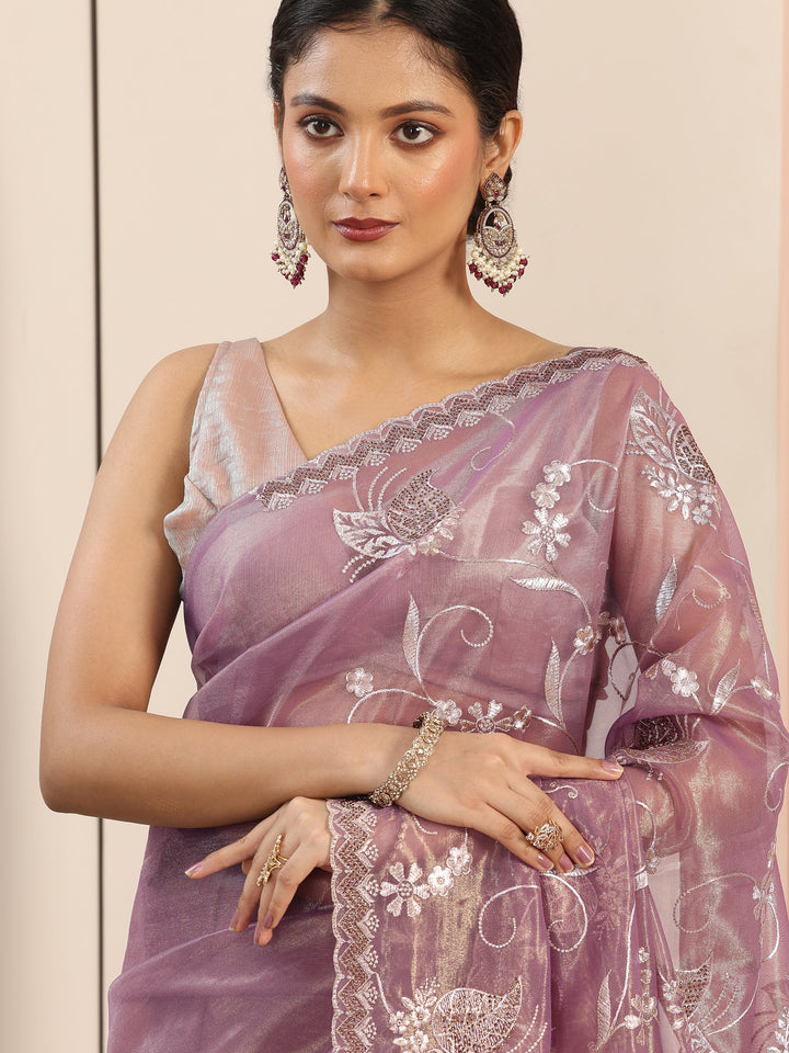 Mauve Embroidered Nylon Saree With Unstitched Blouse Piece