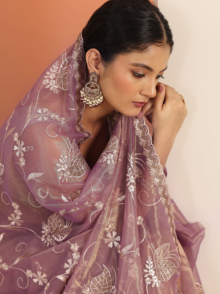 Mauve Embroidered Nylon Saree With Unstitched Blouse Piece