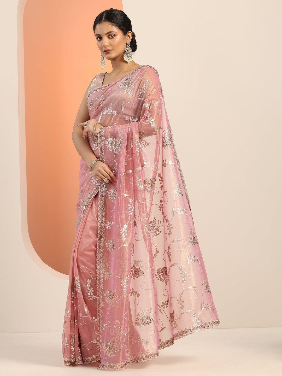 Pink Embroidered Nylon Saree With Unstitched Blouse Piece