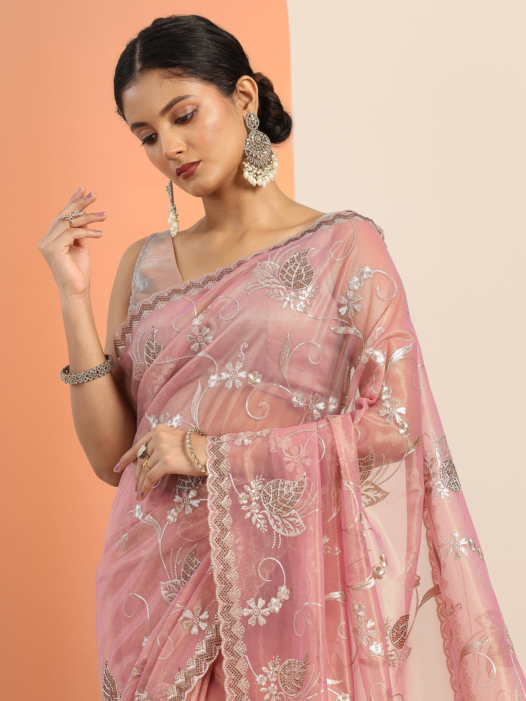 Pink Embroidered Nylon Saree With Unstitched Blouse Piece