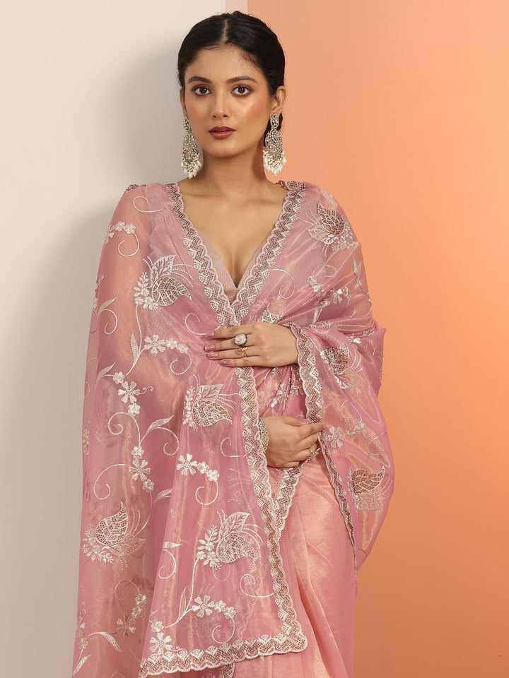 Pink Embroidered Nylon Saree With Unstitched Blouse Piece