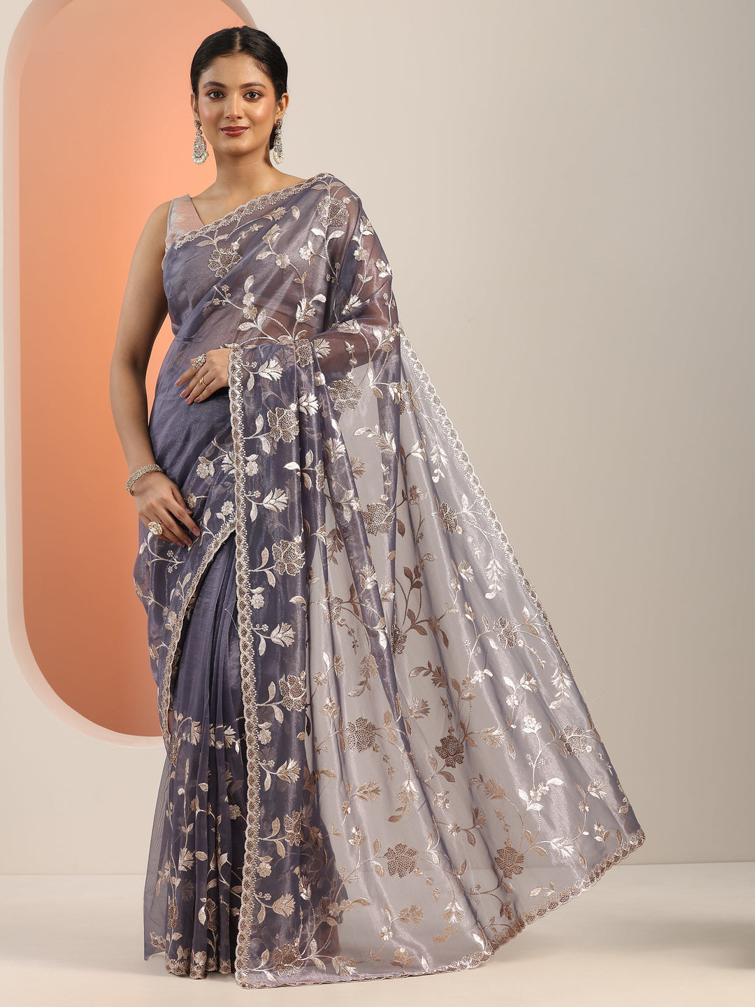 Lavender Embroidered Nylon Saree With Unstitched Blouse Piece