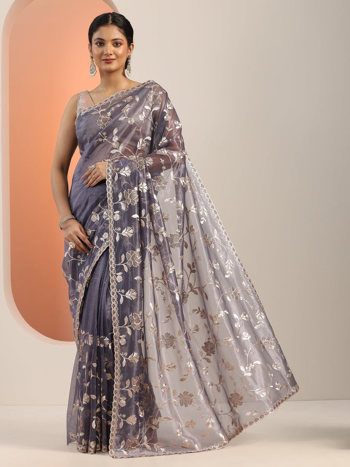 Lavender Embroidered Nylon Saree With Unstitched Blouse Piece