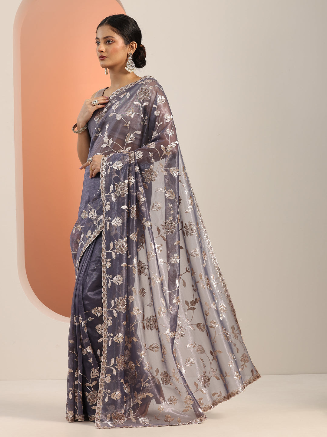 Lavender Embroidered Nylon Saree With Unstitched Blouse Piece