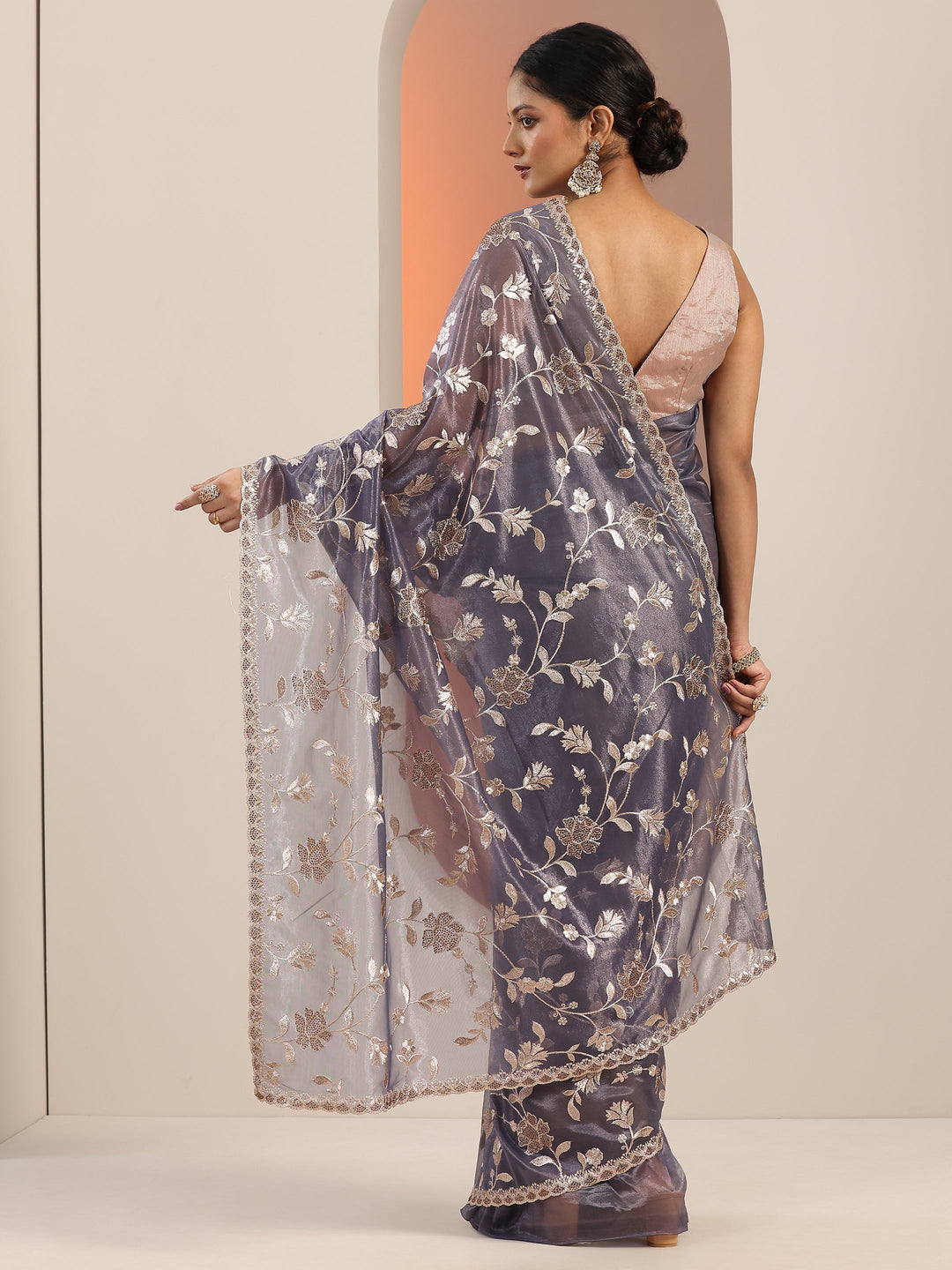 Lavender Embroidered Nylon Saree With Unstitched Blouse Piece