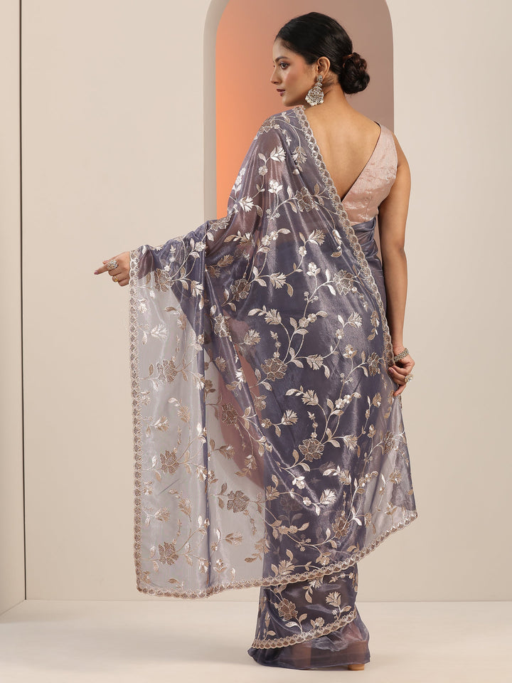 Lavender Embroidered Nylon Saree With Unstitched Blouse Piece