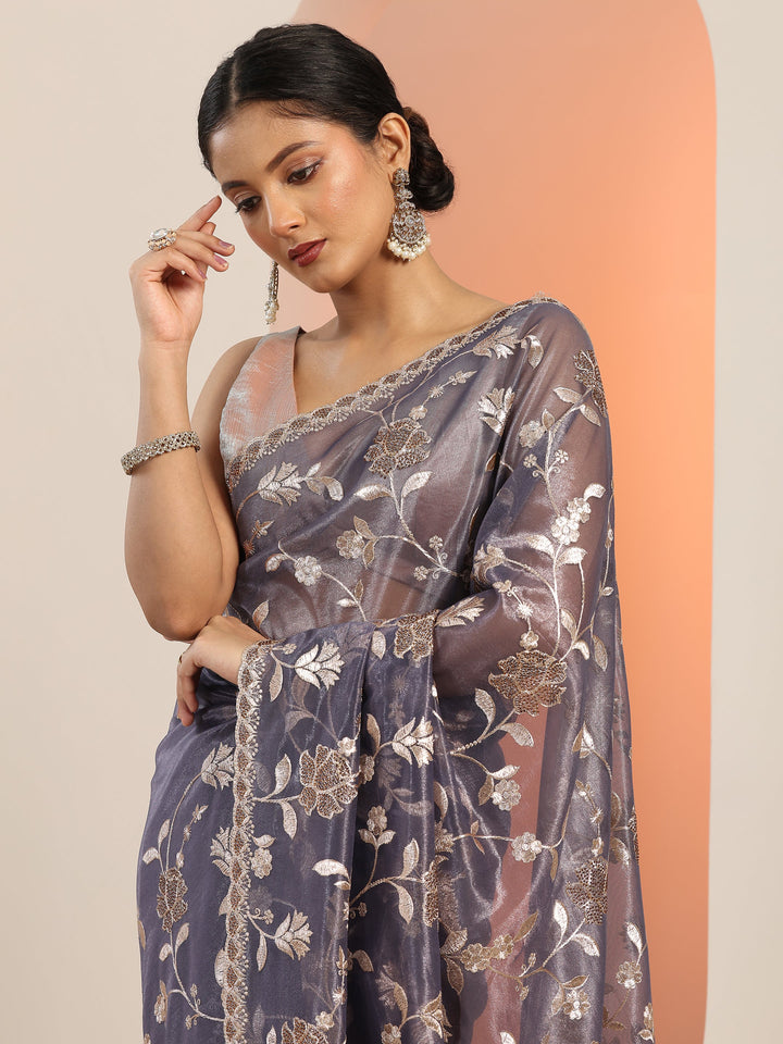 Lavender Embroidered Nylon Saree With Unstitched Blouse Piece