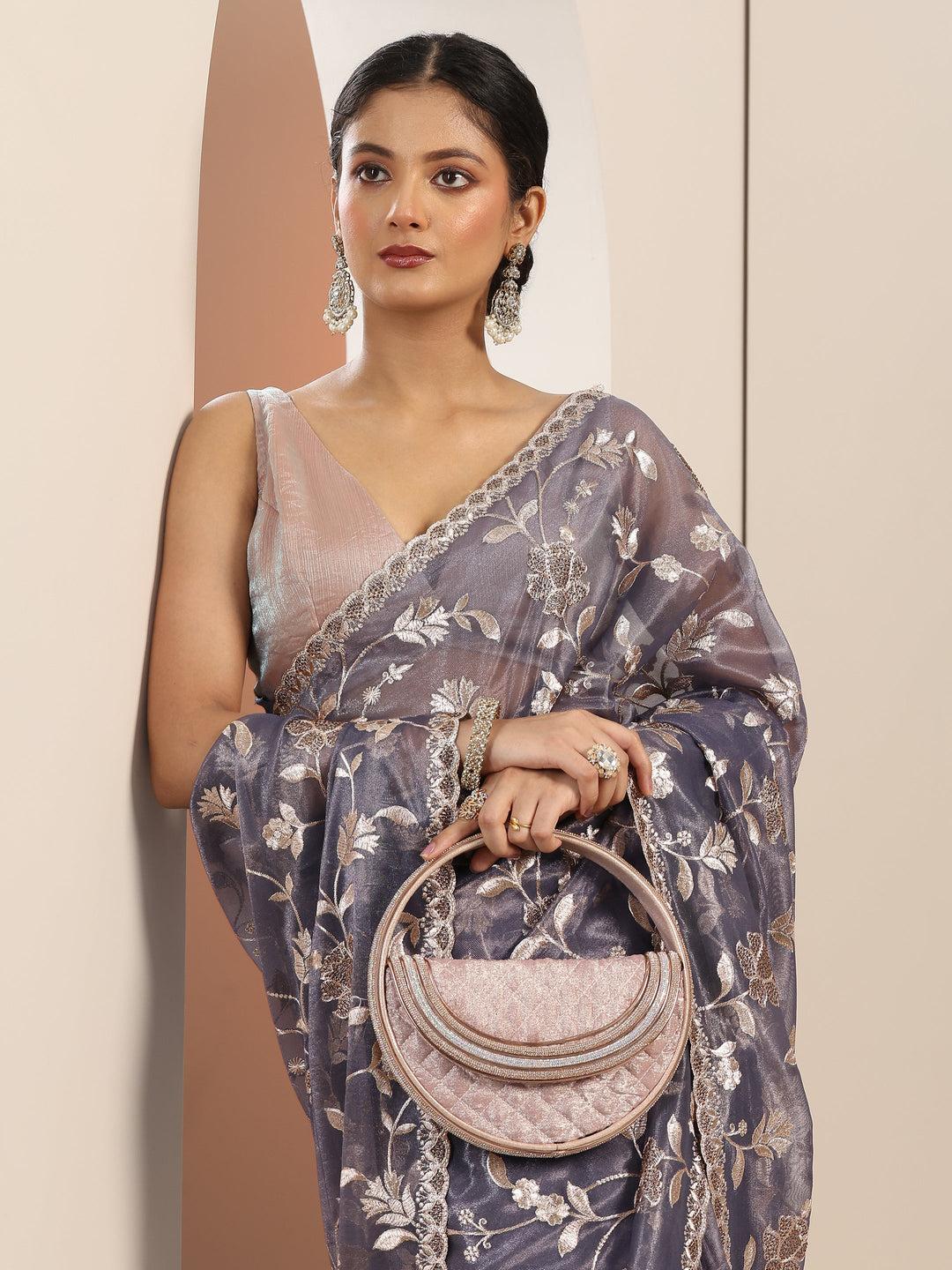 Lavender Embroidered Nylon Saree With Unstitched Blouse Piece