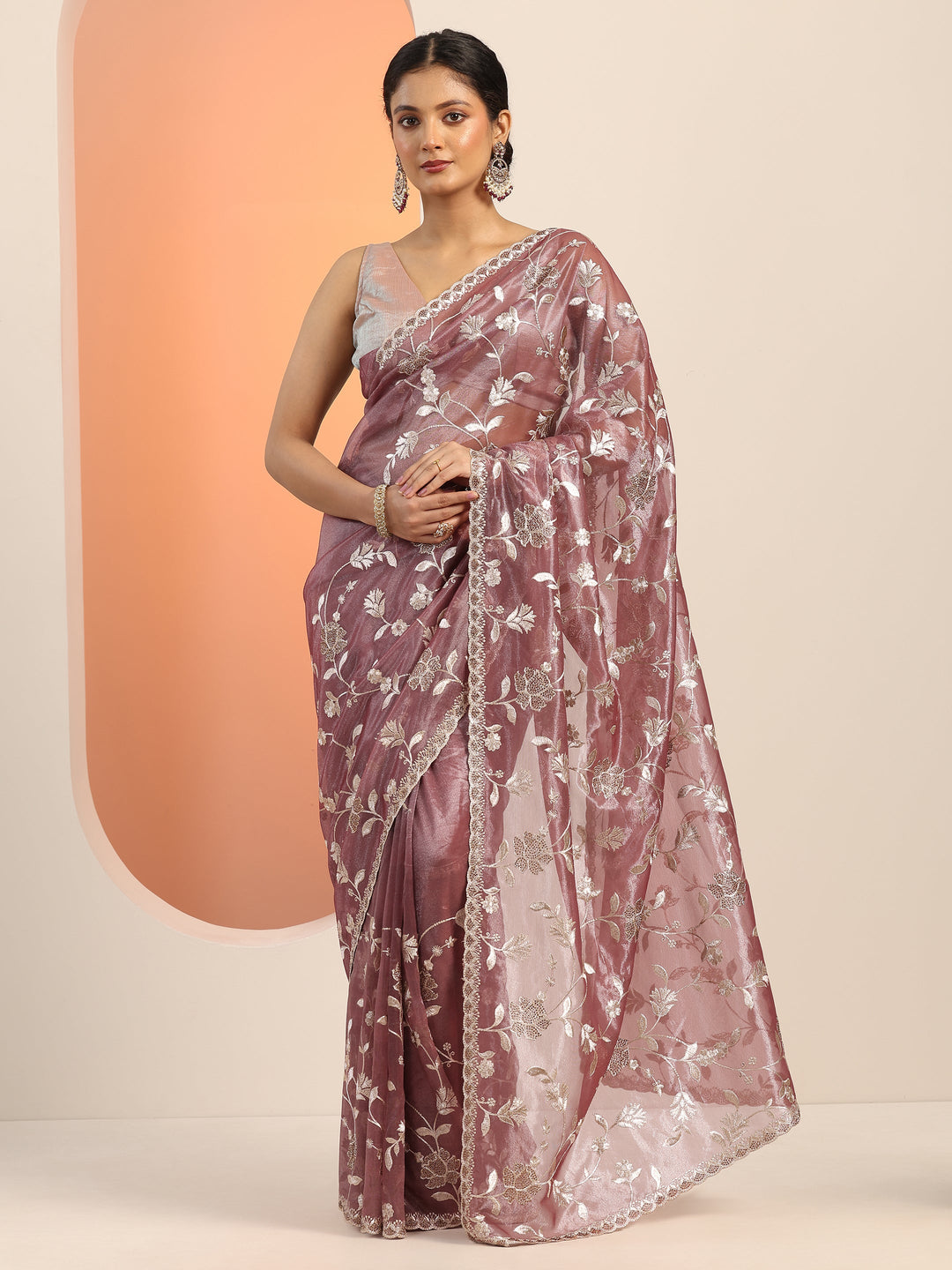 Mauve Embroidered Nylon Saree With Unstitched Blouse Piece