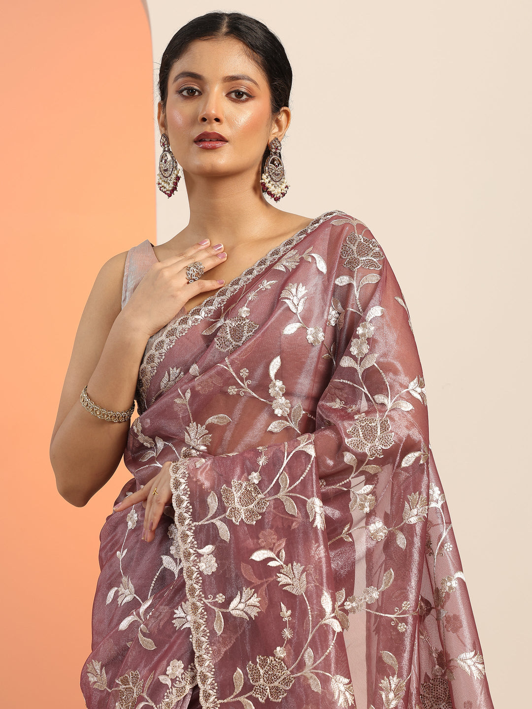 Mauve Embroidered Nylon Saree With Unstitched Blouse Piece