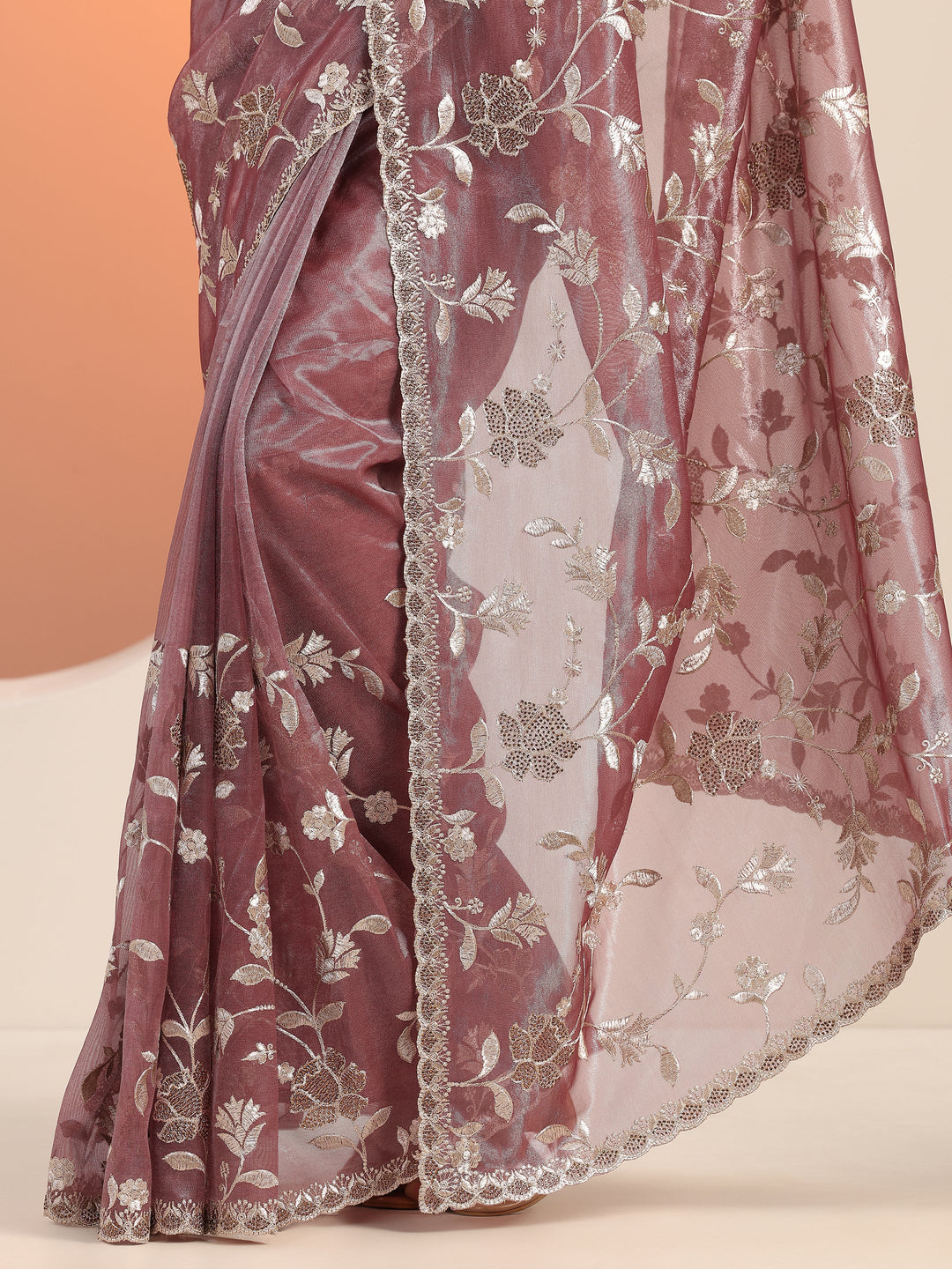 Mauve Embroidered Nylon Saree With Unstitched Blouse Piece