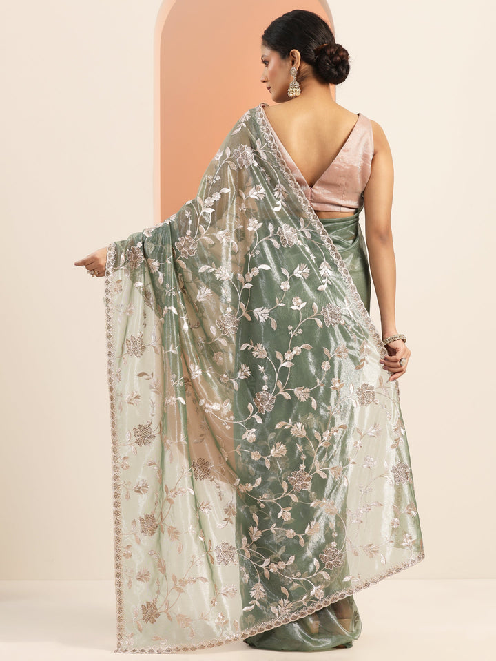 Green Embroidered Nylon Saree With Unstitched Blouse Piece