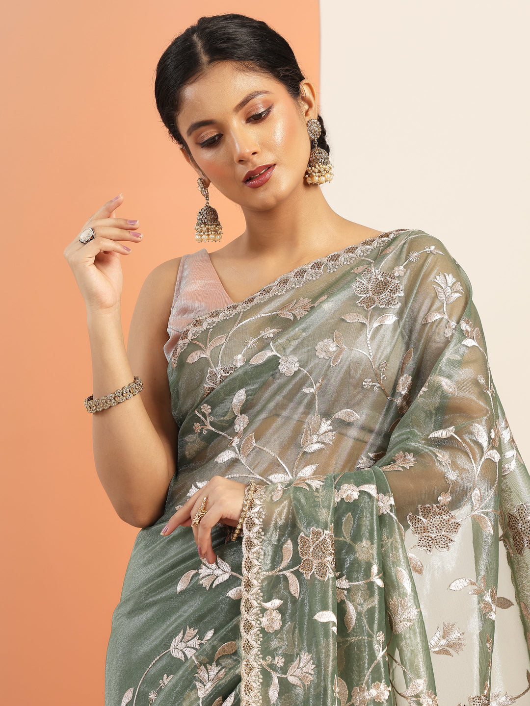 Green Embroidered Nylon Saree With Unstitched Blouse Piece