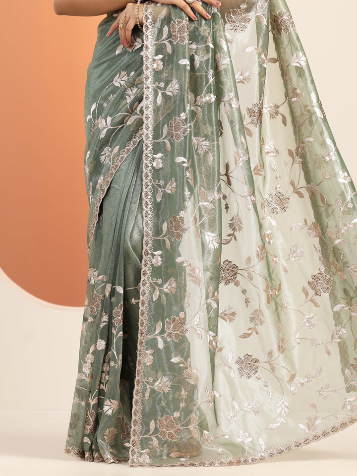 Green Embroidered Nylon Saree With Unstitched Blouse Piece