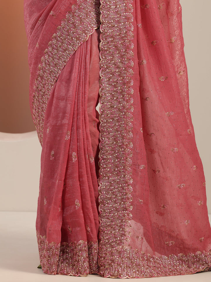 Peach Embroidered Silk blend Saree With Unstitched Blouse Piece