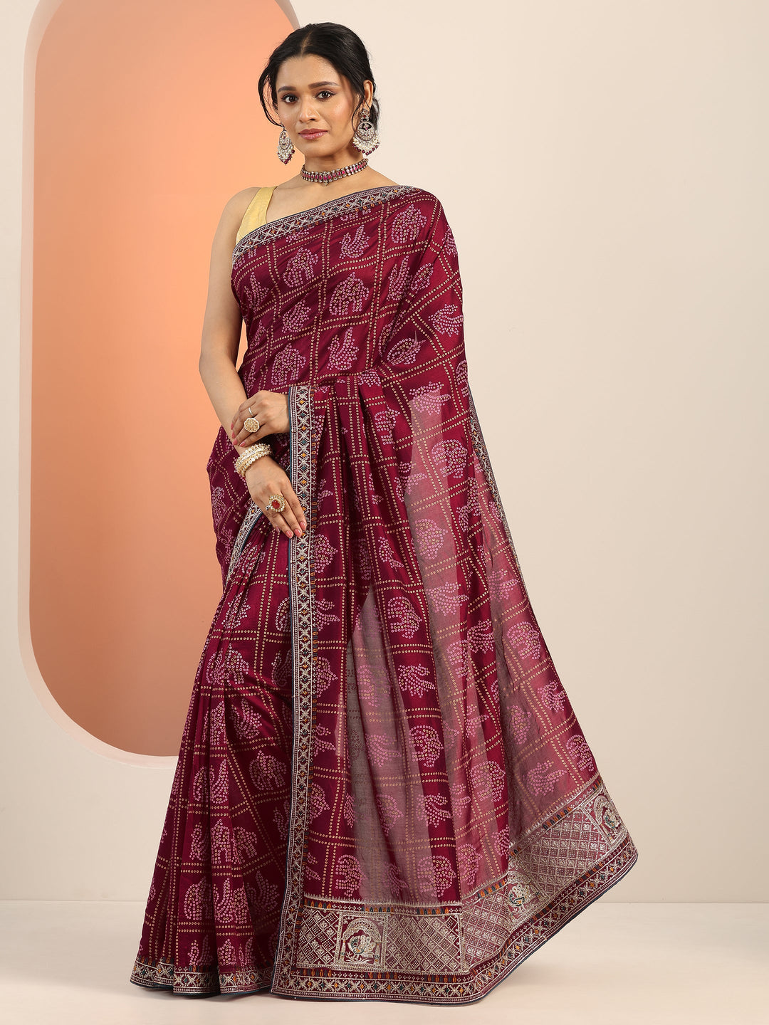Maroon Printed Silk blend Saree With Unstitched Blouse Piece