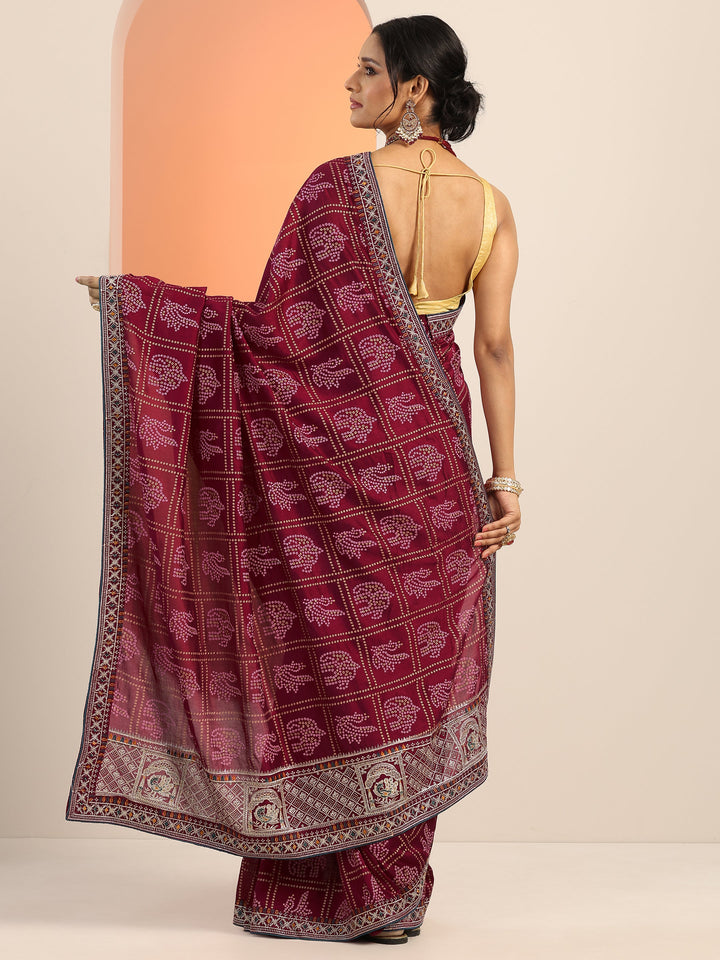 Maroon Printed Silk blend Saree With Unstitched Blouse Piece