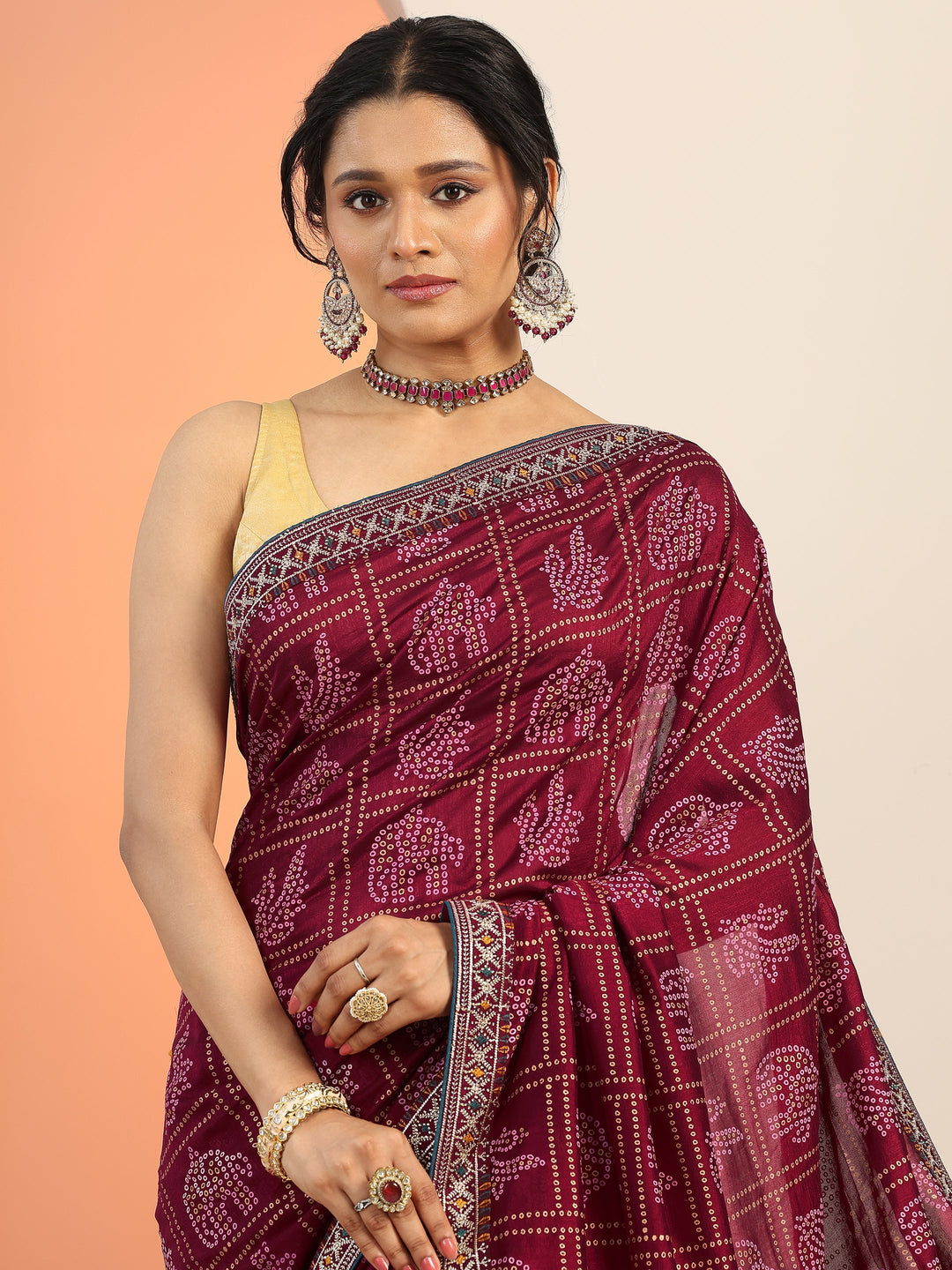 Maroon Printed Silk blend Saree With Unstitched Blouse Piece