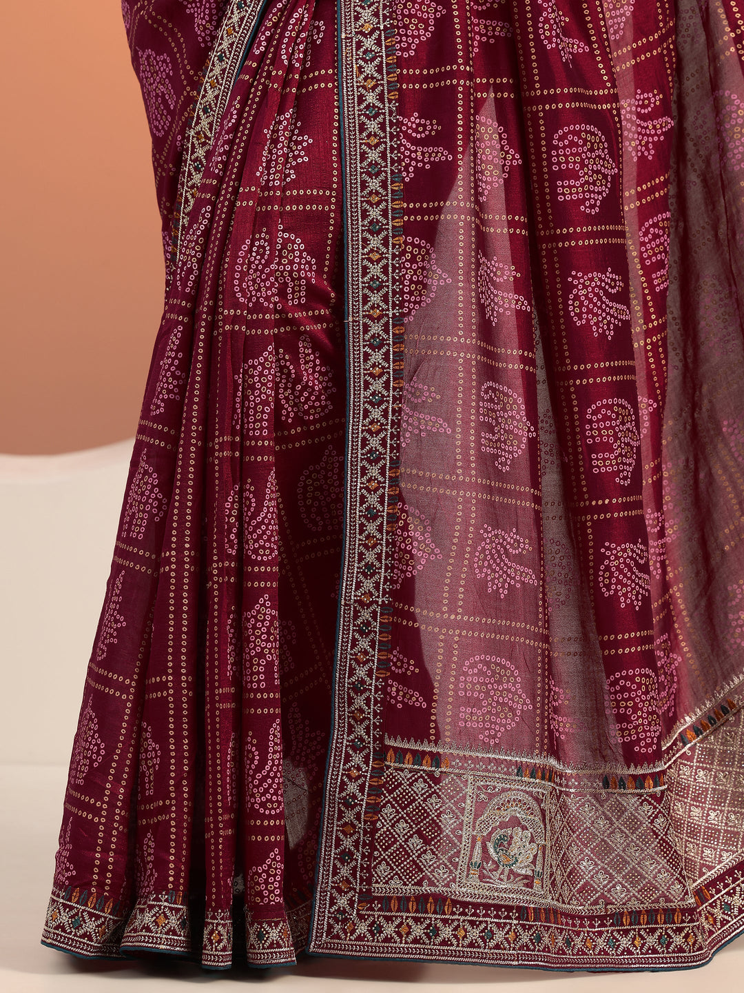 Maroon Printed Silk blend Saree With Unstitched Blouse Piece