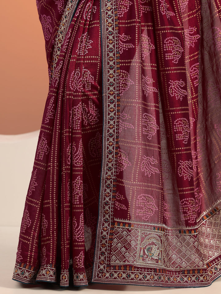 Maroon Printed Silk blend Saree With Unstitched Blouse Piece